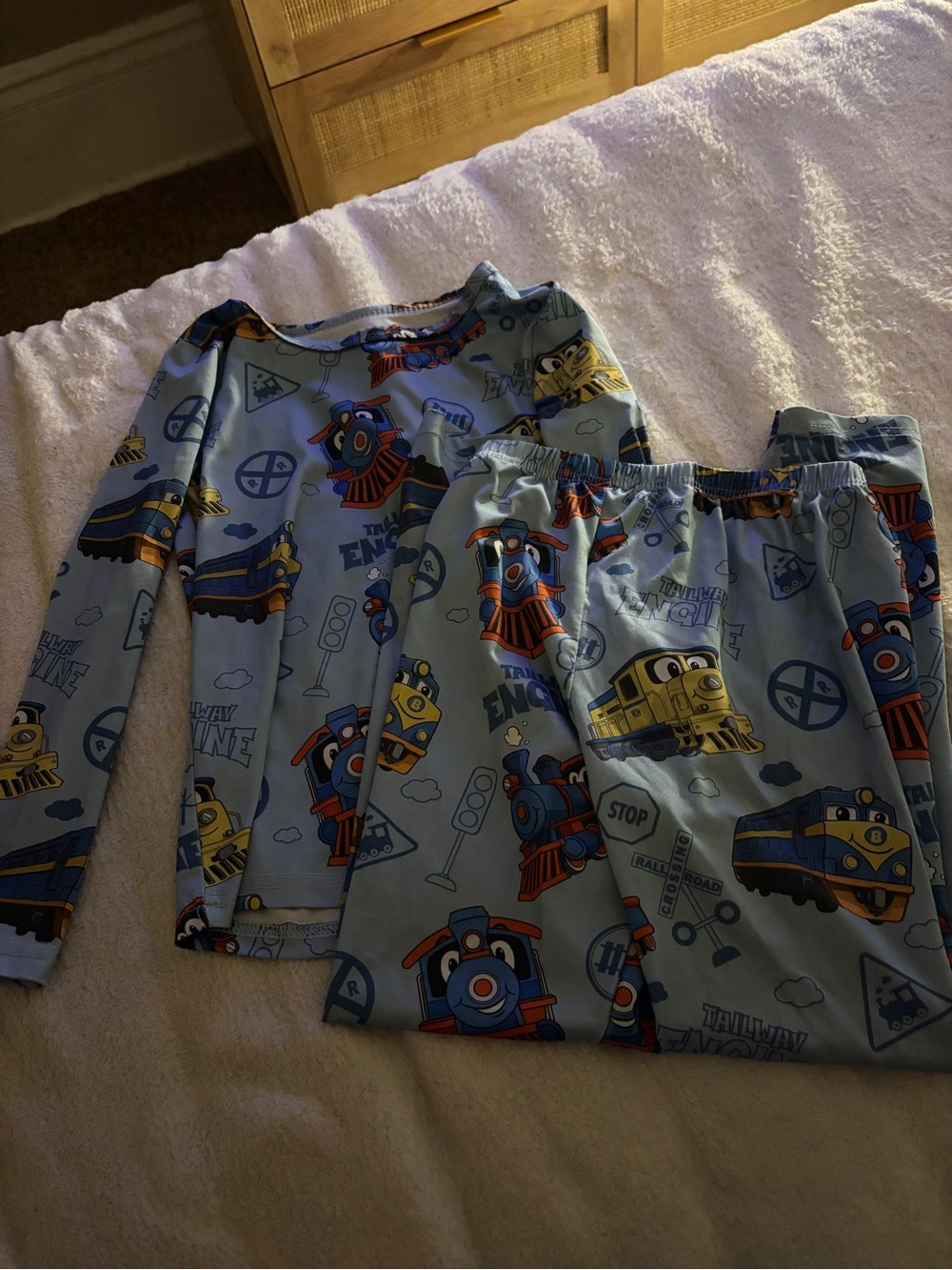 Kids Light Blue Train Print Pajama Set - Long Sleeve Top & Pants